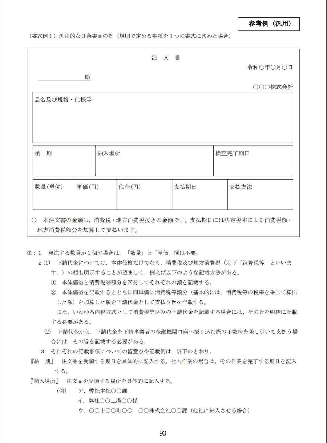 下請法3条書面サンプル